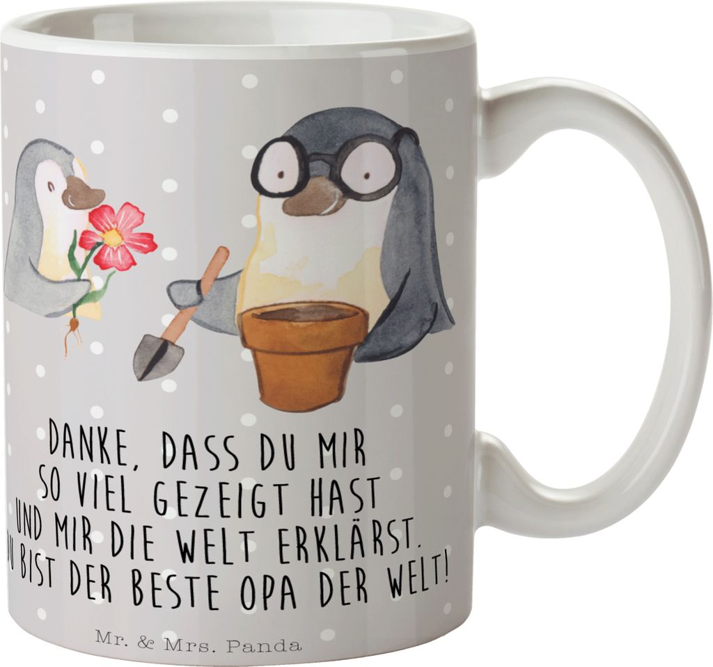 Mr. & Mrs. Panda Kaffeetasse Pinguin Opa Blumen pflanzen - Grau Pastell - Geschenk, Opi, Kaffeebecher, Tasse, Gärtner, Großvater, Dekotasse, Teet...