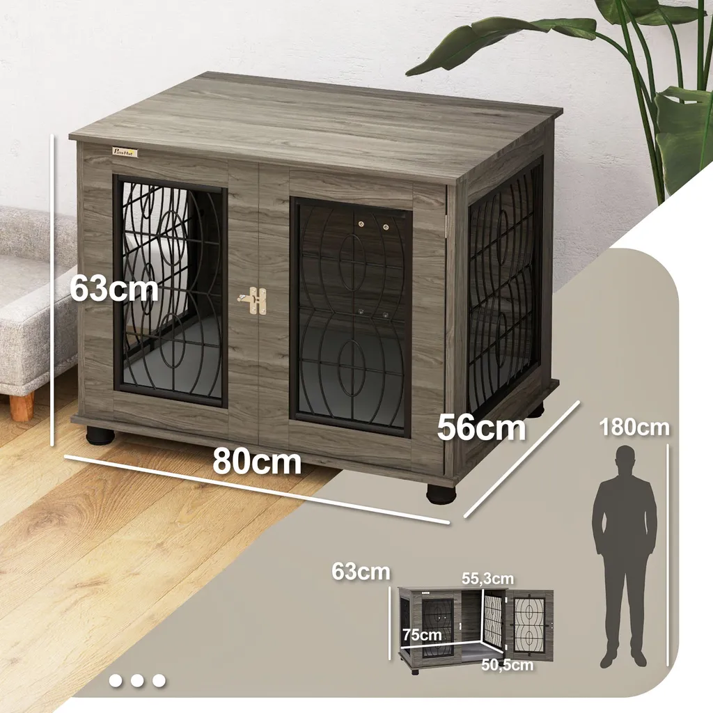 PawHut cassa per cani per casa, casetta per cani con cuscino, porta d'ingresso con serratura, cuccia per cani da interno con ventilazione in rete metallica per cani di taglia media fino a 20 kg, grigio, 80 x 56 x 63 cm - 3