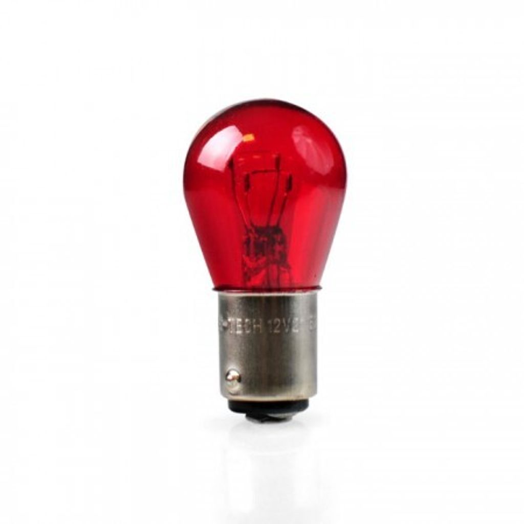 A single red light bulb is shown against a white background.