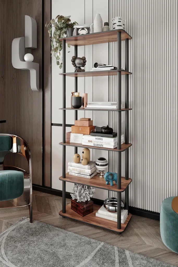 Bibliothèque Haute en Noyer 6 Niveaux, Étagère de Rangement Salon 173 cm