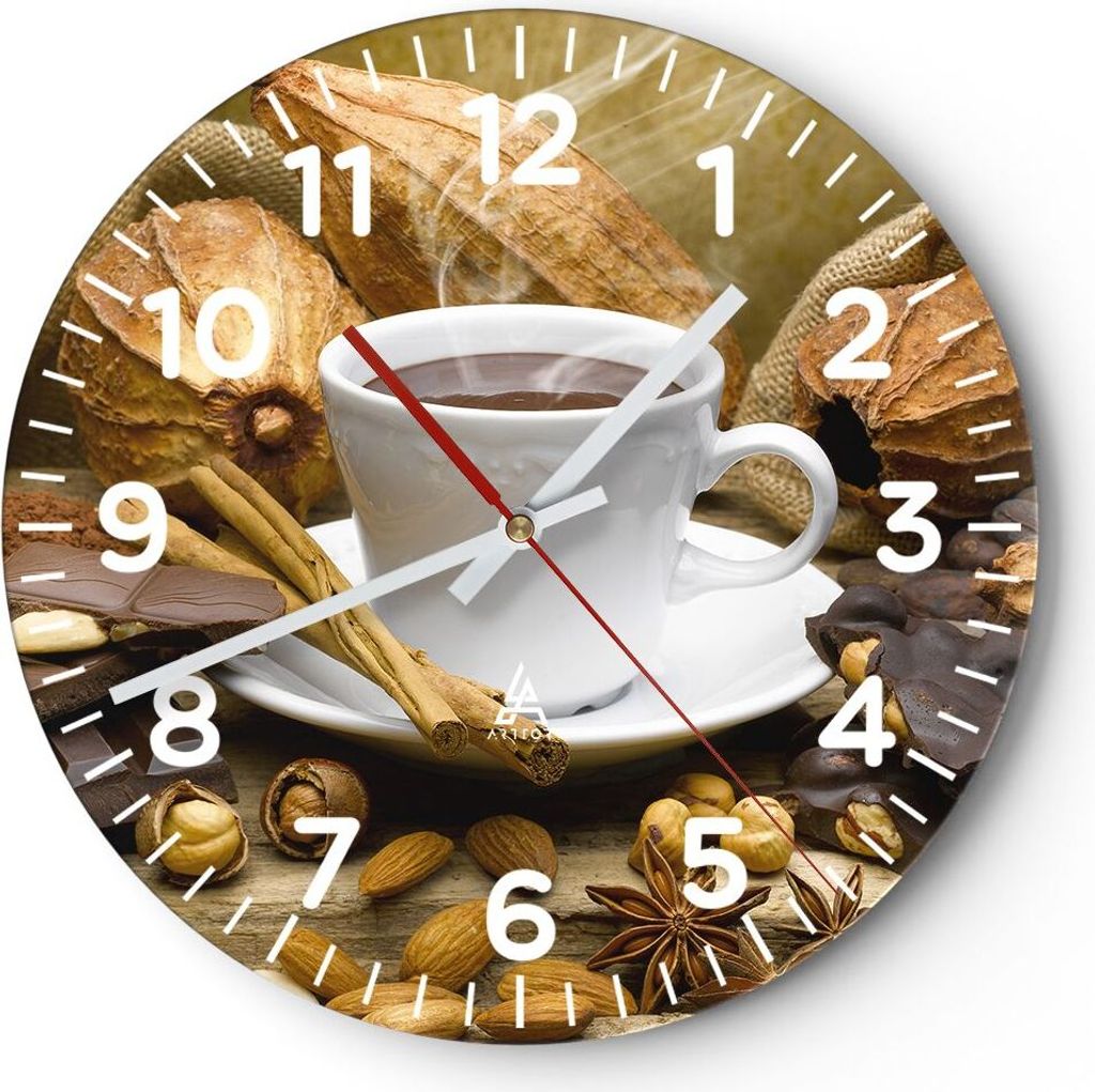 Wanduhr - Rund - Glasuhr - Tasse Schokolade trinken Kakao - 30x30cm - Schleichendes Uhrwerk - Lautlos - zum Aufhängen bereit - Dekoration Modern -...