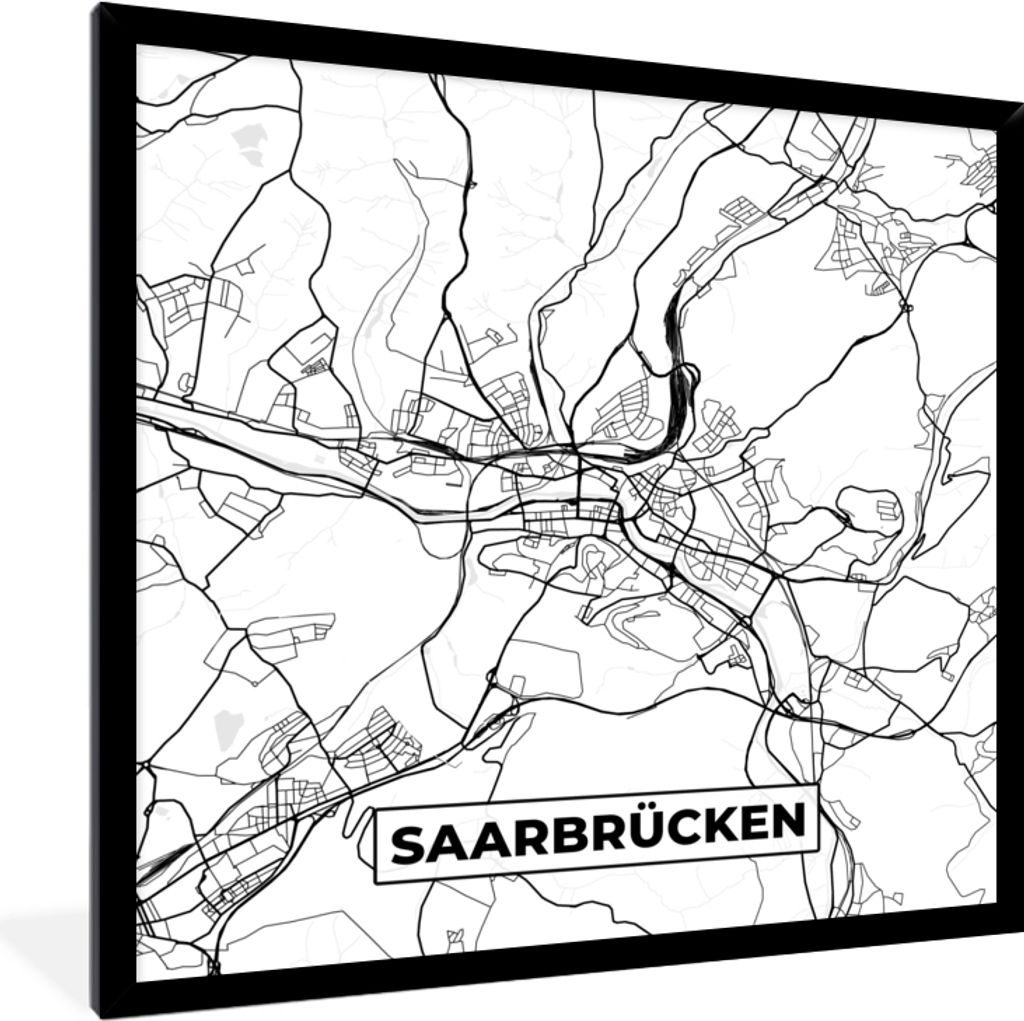 MuchoWow Gerahmtes Poster Karte - Saarbrücken - Karte - Stadtplan 40x40 cm - Poster mit Schwarzem Bilderrahmen Wandposter Rahmen Foto Bilder - M...