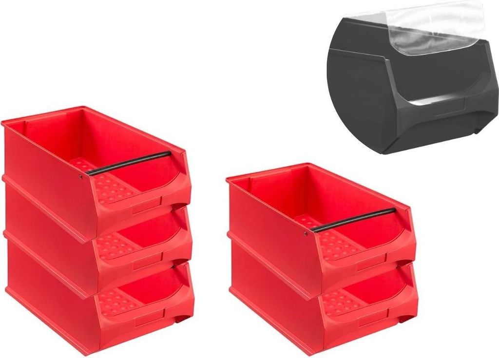 SparSet 5x Rote Sichtlagerbox 5.1 mit Griffstange & Abdeckung | HxBxT 20x30x50cm | 21,8 Liter | Sichtlagerbehälter, Sichtlagerkasten, Sichtlagerka...