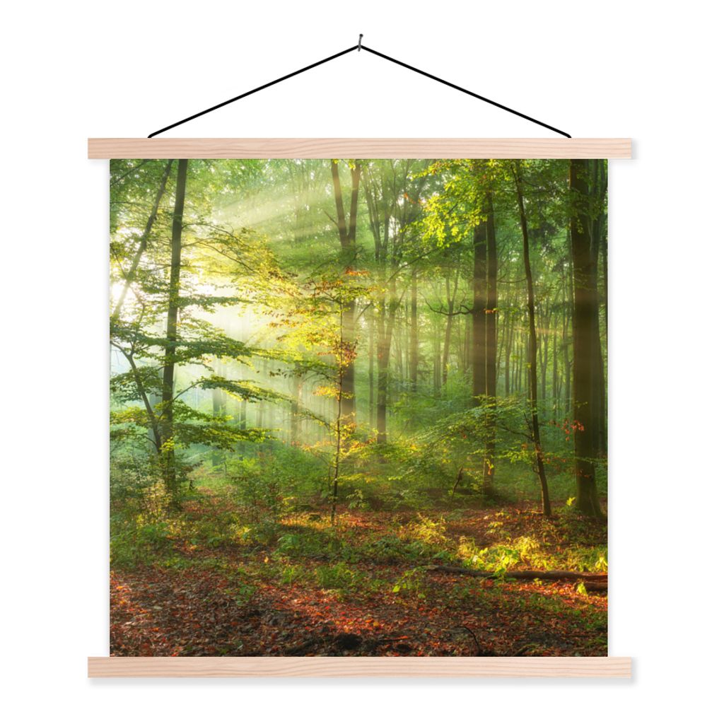 MuchoWow Textilposter Sonne - Wald - Bäume - Natur - Herbst 60x60 cm mit holzfarbenen Rahmen - Wanddekoration