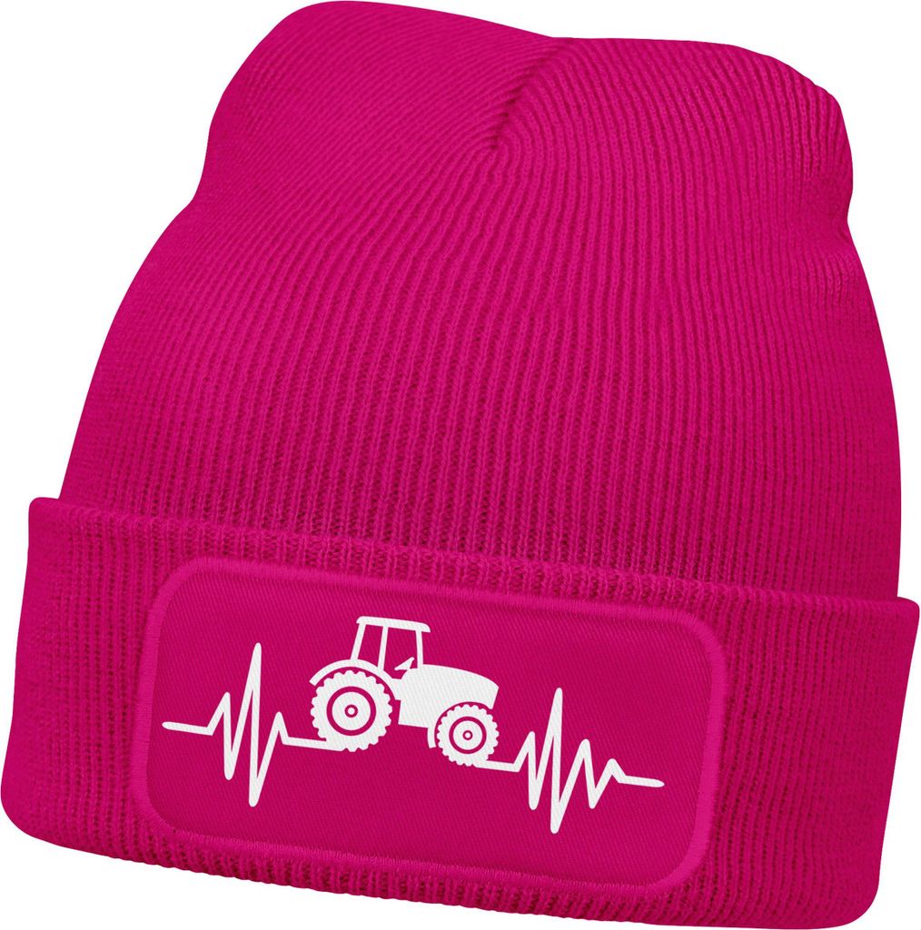 Damen Beanie mit Patch Strickmütze mit Traktor Herzschlag Aufdruck Lustig Landwirschaft Bauernhof Damenmütze Moonworks