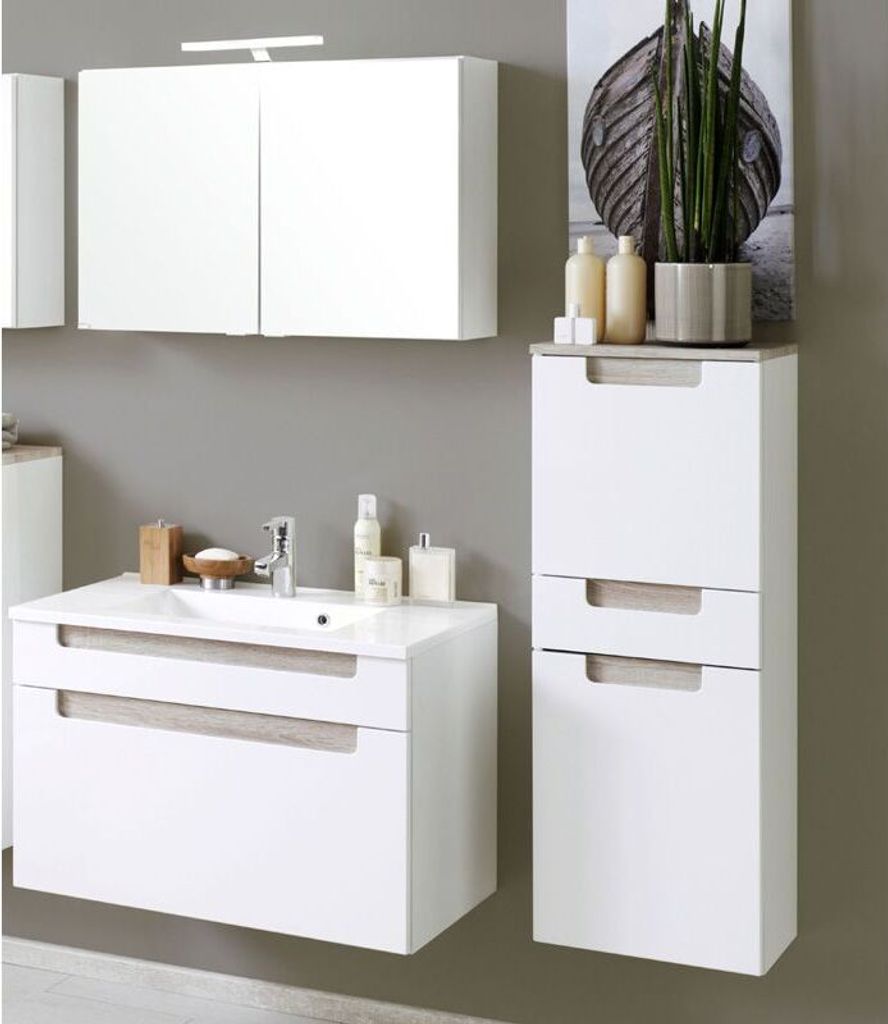Badmöbel Set MERANO-03 Hochglanz weiß, Eiche Sonoma, 3-teilig, B=140cm
