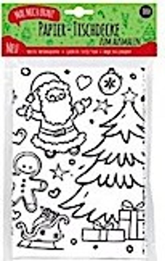 A packaged paper tablecloth with Christmas-themed drawings for coloring.