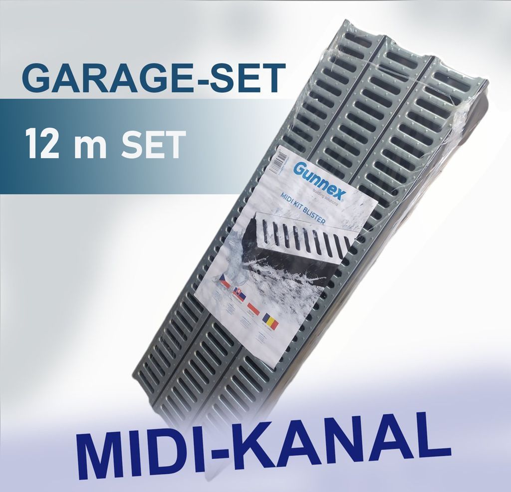 Entwässerungsrinne MIDI-KANAL GARAGE-SET Komplett 12m KIT DAKOTA GUNNEX