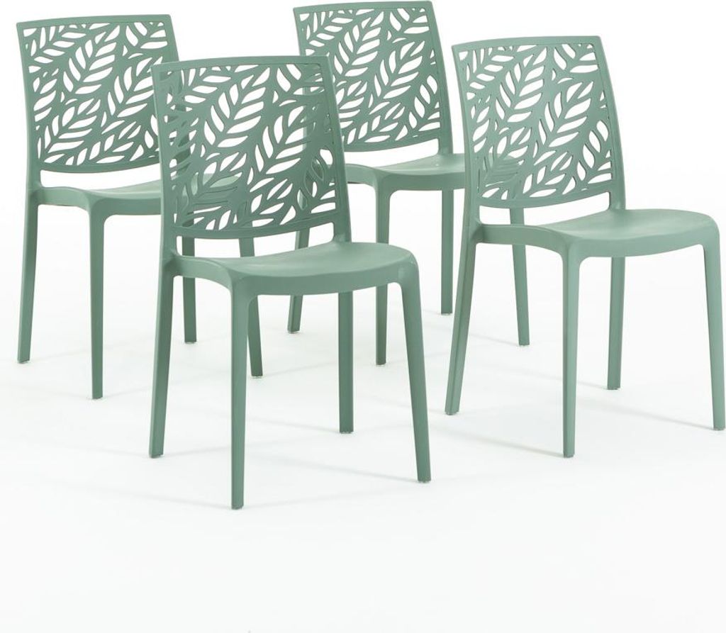 Four green chairs with a leaf pattern on the backrests are arranged on a white background.