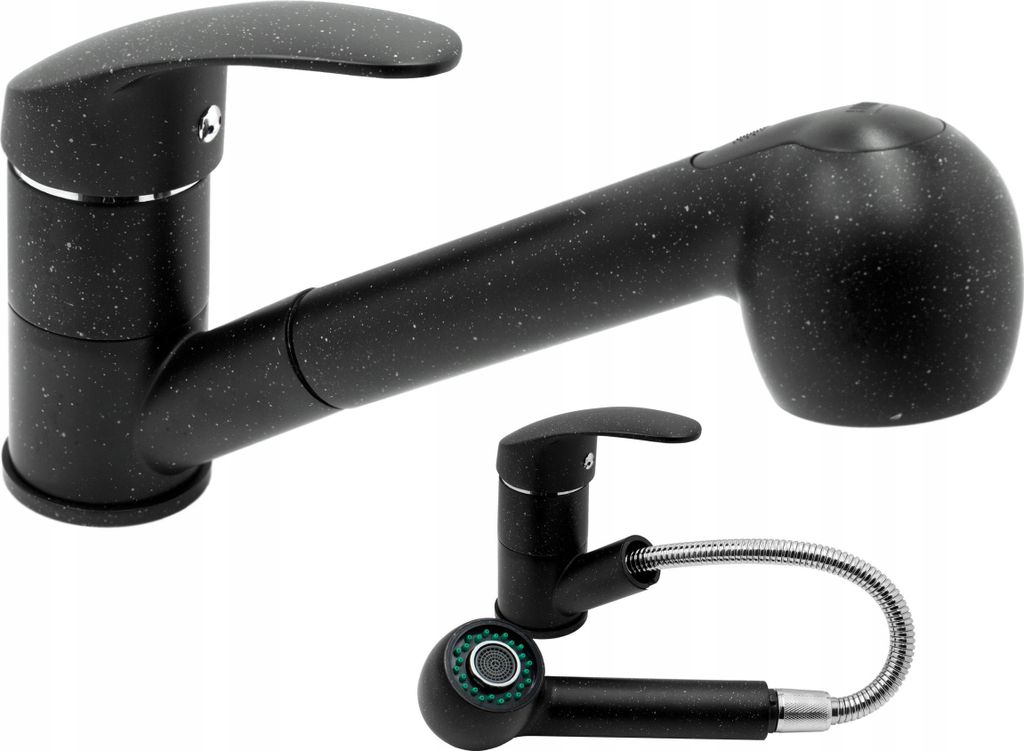 A black granite-effect kitchen faucet with a pull-out spray head and a separate base unit shown below.