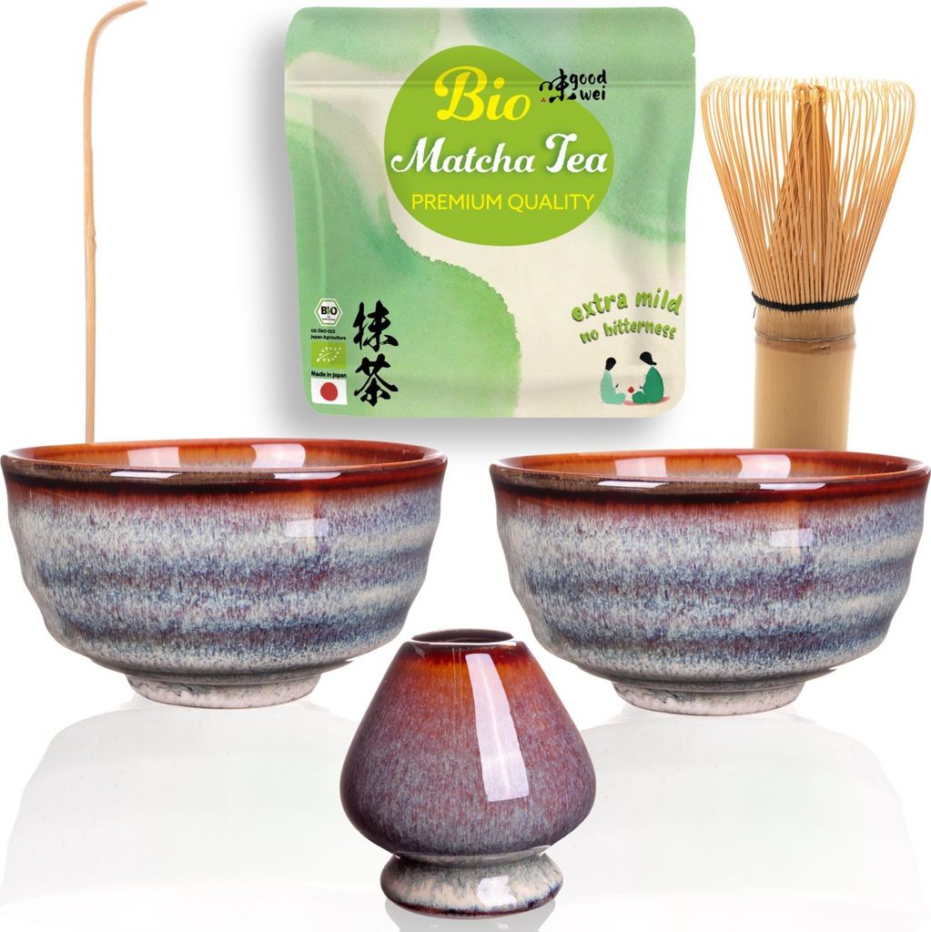 Matcha Duo Set "Uji" mit 2 Schalen, Besen, Besenhalter & Matchapulver + Cocos – ideales Starterset für zwei und Matcha-Einsteiger