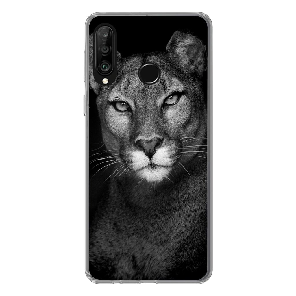 MuchoWow Handyhülle Schutzhülle Hülle für Huawei P30 Lite Porträtfoto eines Pumas auf schwarzem Hintergrund Silikon Softcase Handy Hülle - ...