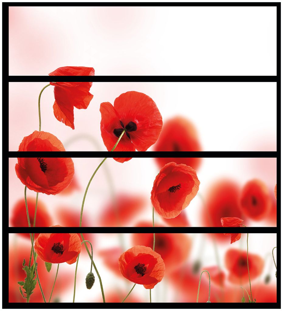 Wallario Möbelfolie / Aufkleber, geeignet für Ikea Malm Kommode mit 4 Schubfächern - Leuchtende Mohnblumen - Rote Mohnblumenblüten