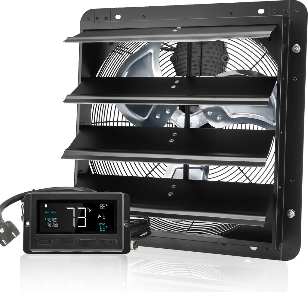 A black exhaust fan with louvers and a digital controller is shown against a white background.