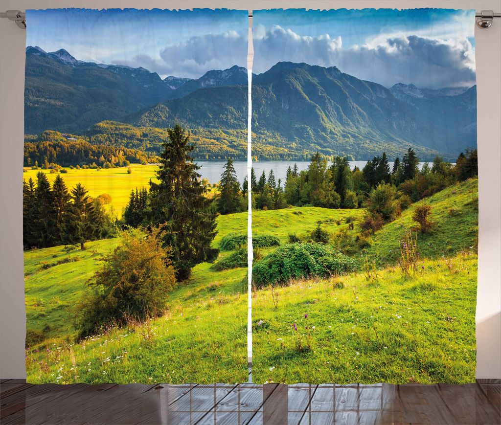 ABAKUHAUS Landschaft Rustikaler Gardine, Sommermorgensee, Schlafzimmer Kräuselband Vorhang mit Schlaufen und Haken, 280 x 225 cm, Gelb Grün Blau