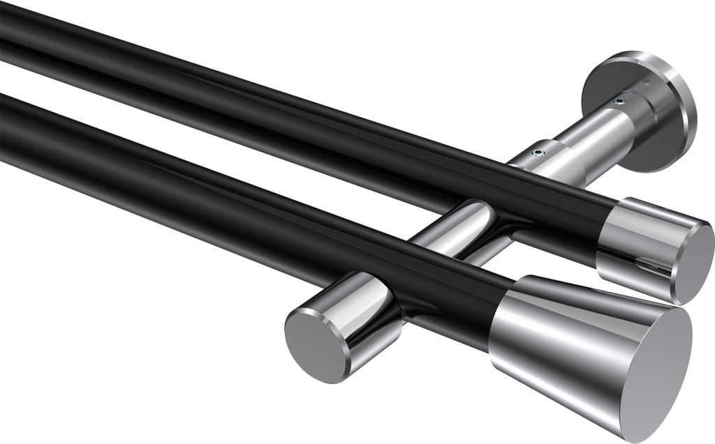 Interdeco Gardinenstange / Vorhangstange Schwarz / Chrom, Typ Prestige Sitra (Konus) ohne Ringe, 20 mm Ø 2-läufig, 180 cm
