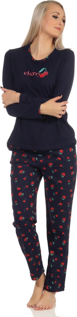 Süsser Damen Schlafanzug langarm Pyjama mit Kirschen als Motiv – 112 201 90 535 ; marine , 44