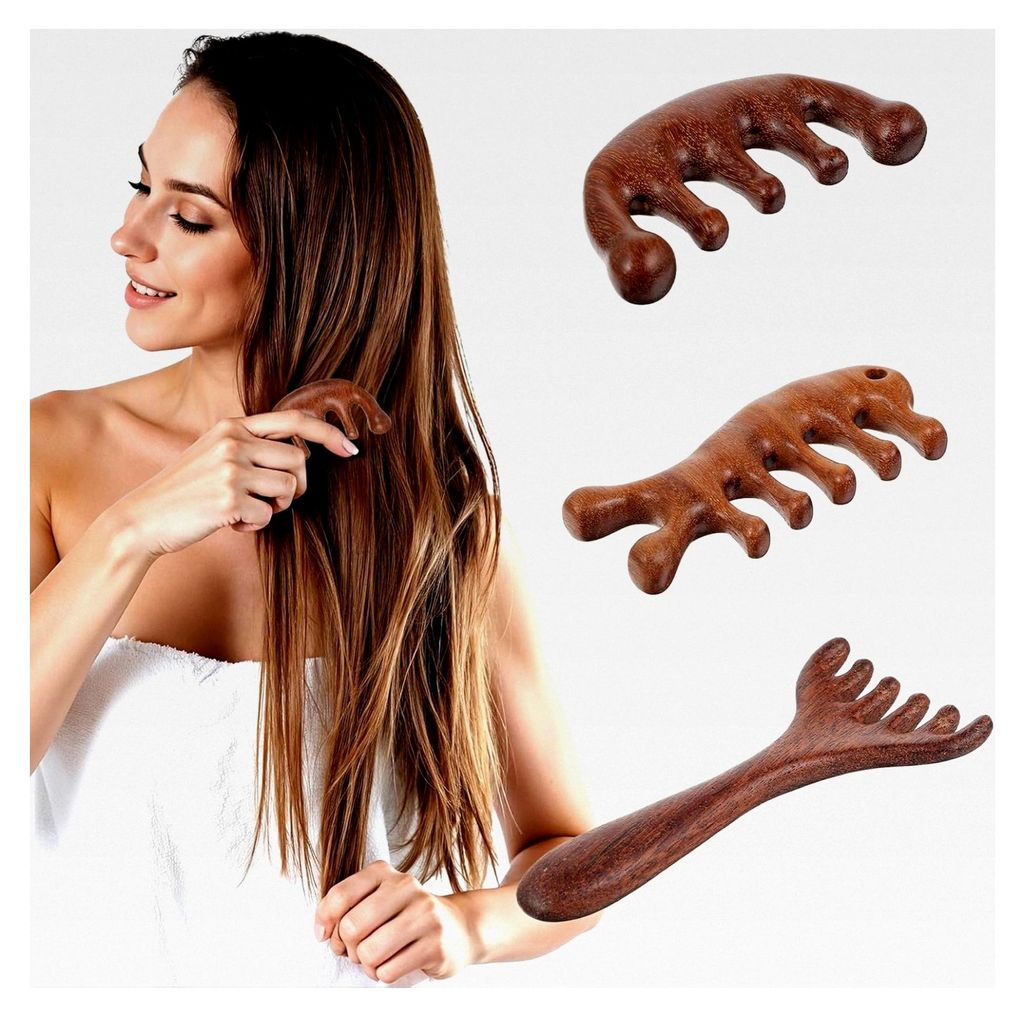 3 Stück Kopfhautmassagebürste mit fünf Klauen und Gua Sha Kamm aus Sandelholz für Lymphmassage und Selbstpflege