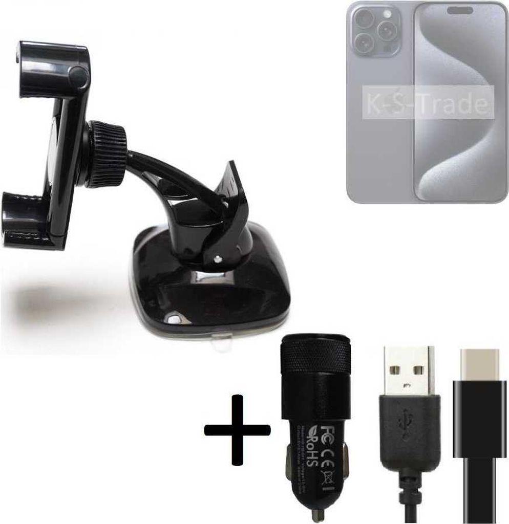 K-S-Trade Handy-Halterung kompatibel mit Apple iPhone Pro Max Windschutzscheibe / Armaturenbrett + LADEGERÄT mit Mico USB Kabel Autohalterung