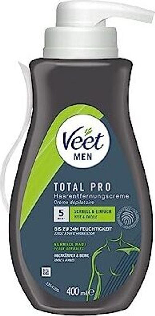 A bottle of Veet for Men Total Pro hair removal cream with a pump dispenser.