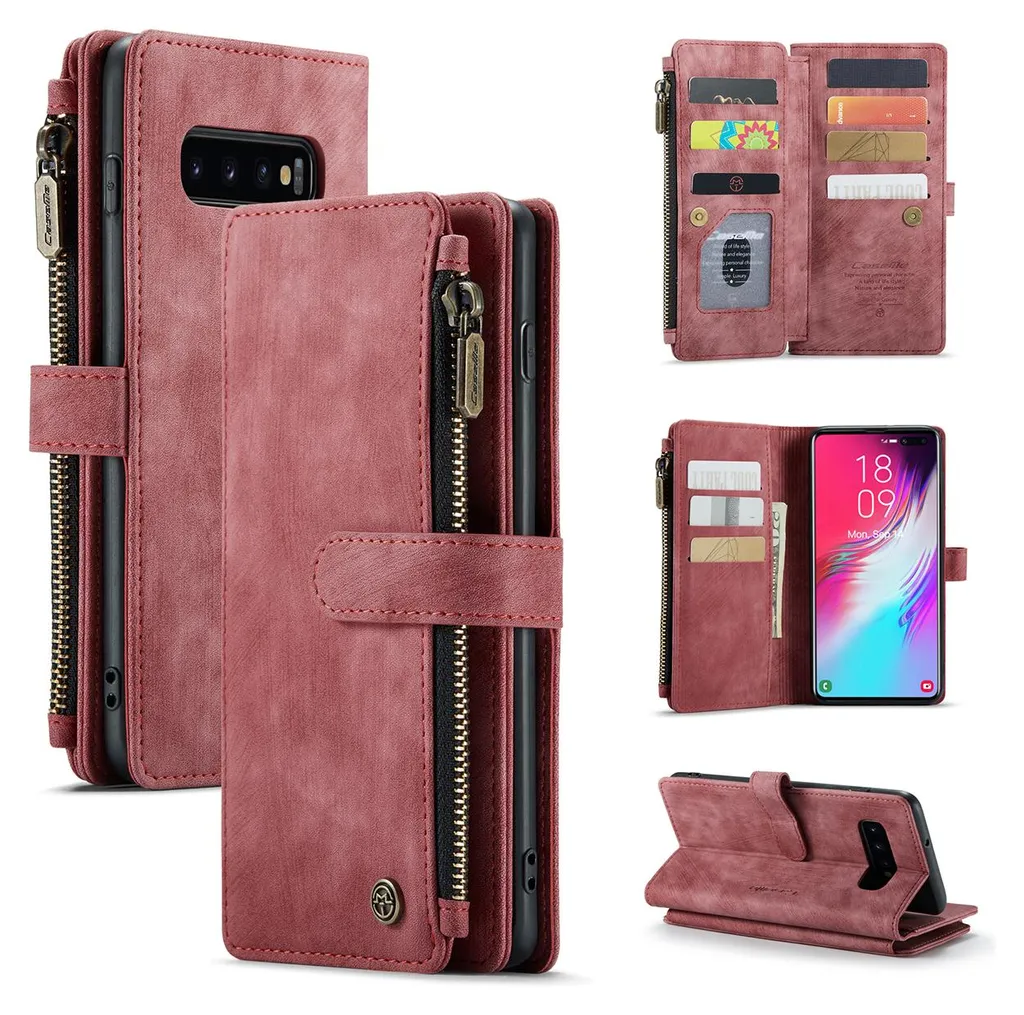 Galaxy S10 Plus custodia del telefono cellulare, chiusura a zipPoliuretanopelle flip cover chiusura magnetica porta carte funzione stand portafoglio custodia protettiva per Samsung Galaxy S10 Plus rosso