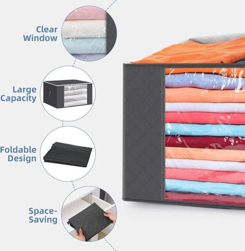 Opvouwbare Opbergtas mit verstärktem Handgriff aus robustem Stoff mit durchsichtigem Fenster für Pullover, Jacken, T-Shirts, Decken, 4er Set