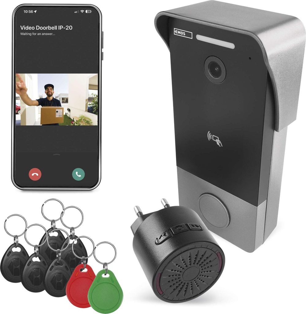 EMOS GoSmart Video-Türklingel mit App, 1-Draht Ethernet Verbindung, wasserfest, FullHD 2Mp Kamera, inkl. Klingel, Netzteil, RFID-Chips, H4033