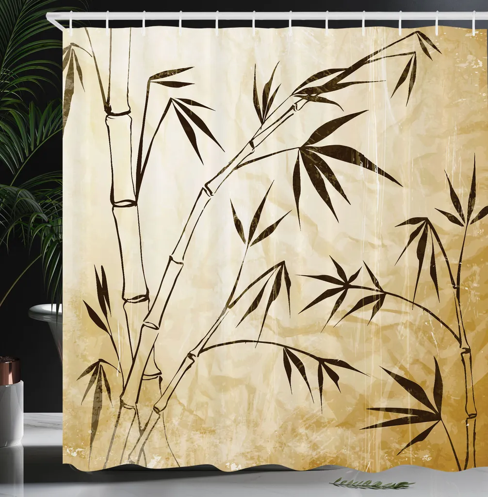 ABAKUHAUS Tenda da doccia in bambù, sfumatura di colore Bambù Flessibilità Struttura radicolare complessa Immagine stabile Viaggiatori Tessuto Set decorativo per bagno con ganci, 175x220 cm, marrone crema - 4