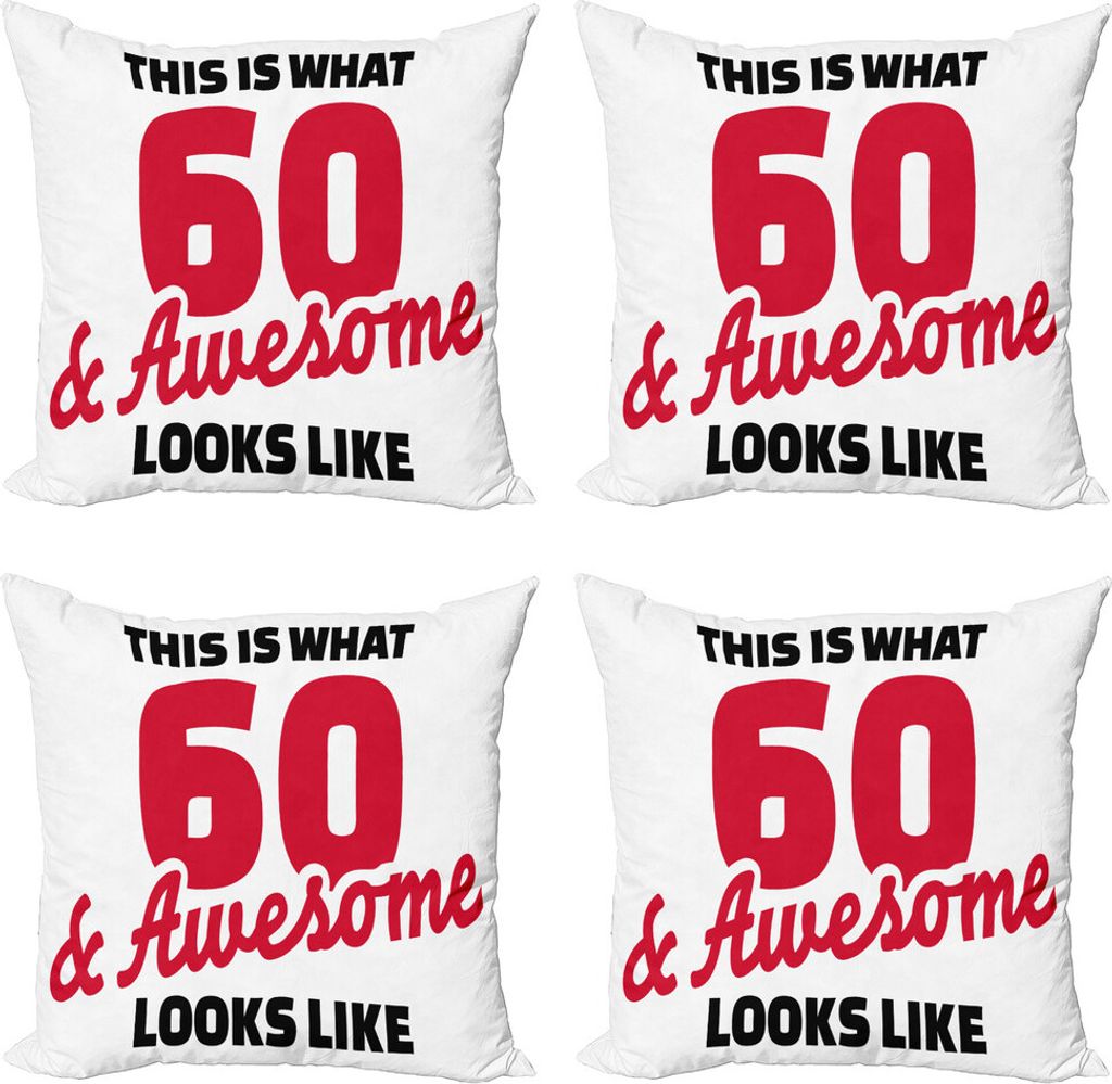 ABAKUHAUS 60. Geburtstag Kissenbezug Set (4 Stück), Wörter 60, Moderner Doppelseitiger Digitaldruck, 60 cm x 60 cm, Rot Schwarz-Weiß