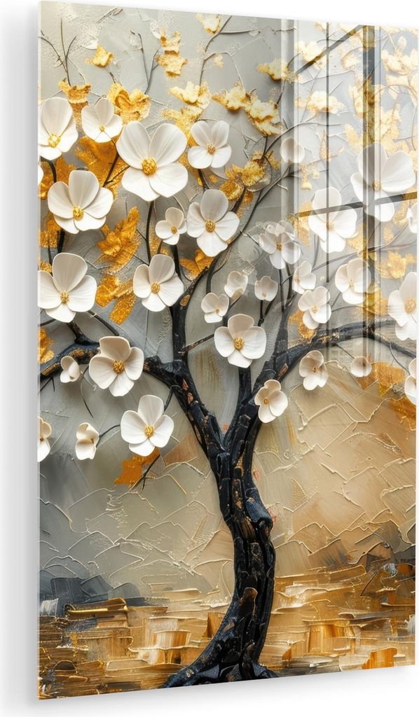 MuchoWow Glasbilder - Bilder auf Wandbild - Foto auf Glas Baum - Blumen - Gold - Beige 60x90 cm Wanddekoration aus Glas - Acrylglasbild - Acrylbild...