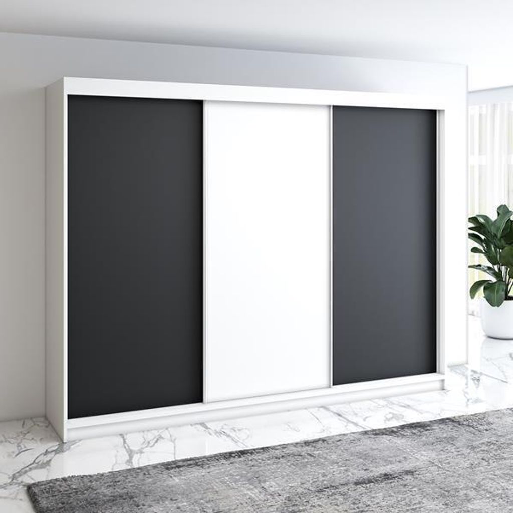 Schwebetürenschrank MERO 3-türig Schrank 200 cm mit schublade (Weiß, Schwarz, Sonoma)