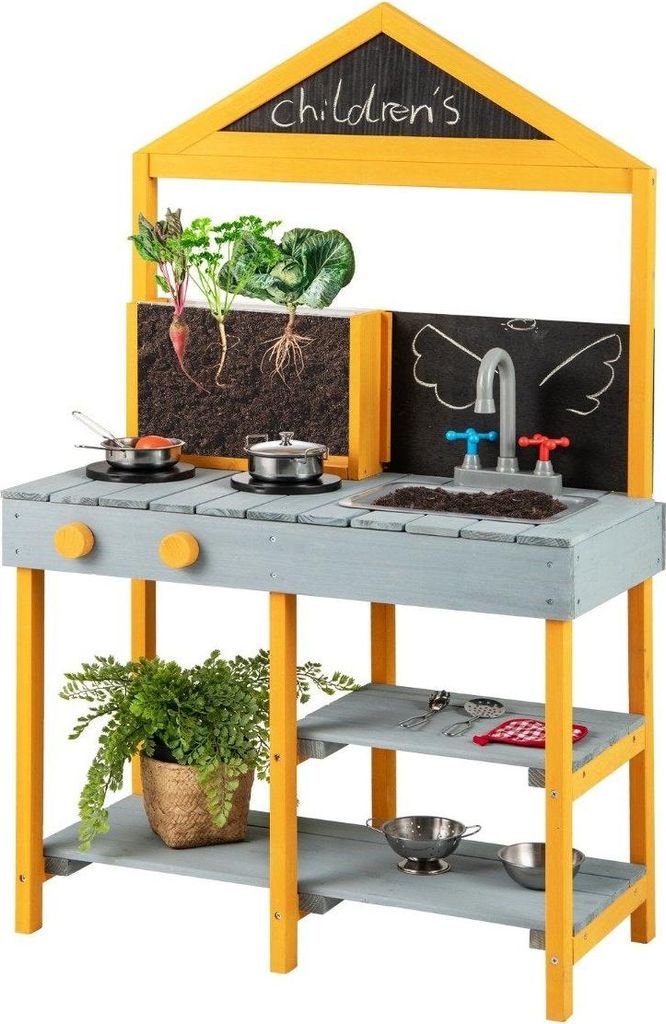 Matschküche Kinder Outdoor Kinderküche Tannenholz mit Pflanzbehälter & 2 Kreidetafeln & Wasserhahn Blau