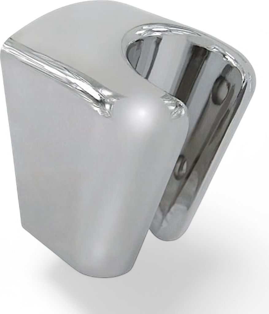 A chrome-plated shower head holder on a white background.