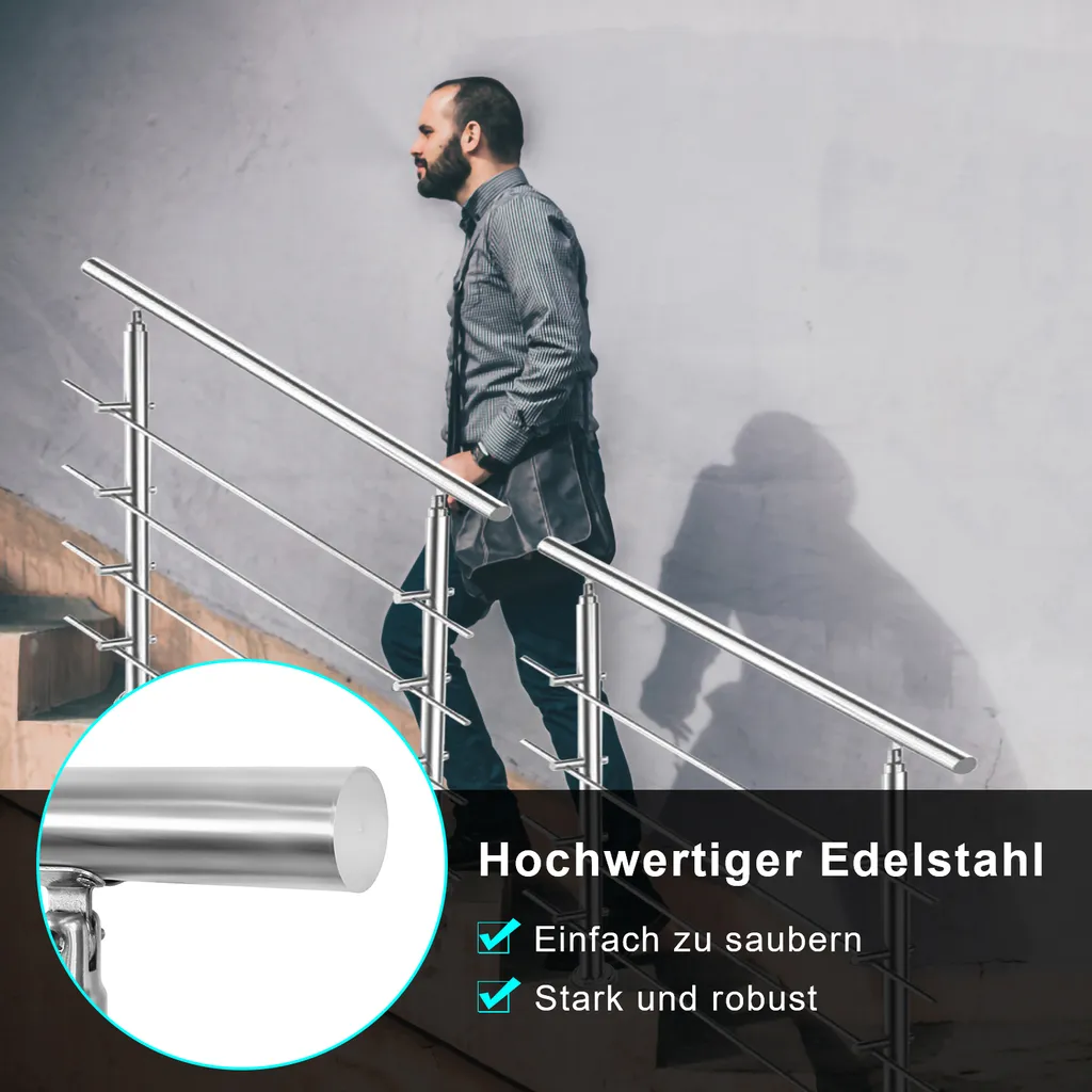 kit ringhiera corrimano in acciaio inox karpal con/senza traverse per ringhiere di scale interne ed esterne, balcone (120 cm, senza traverse) - 5