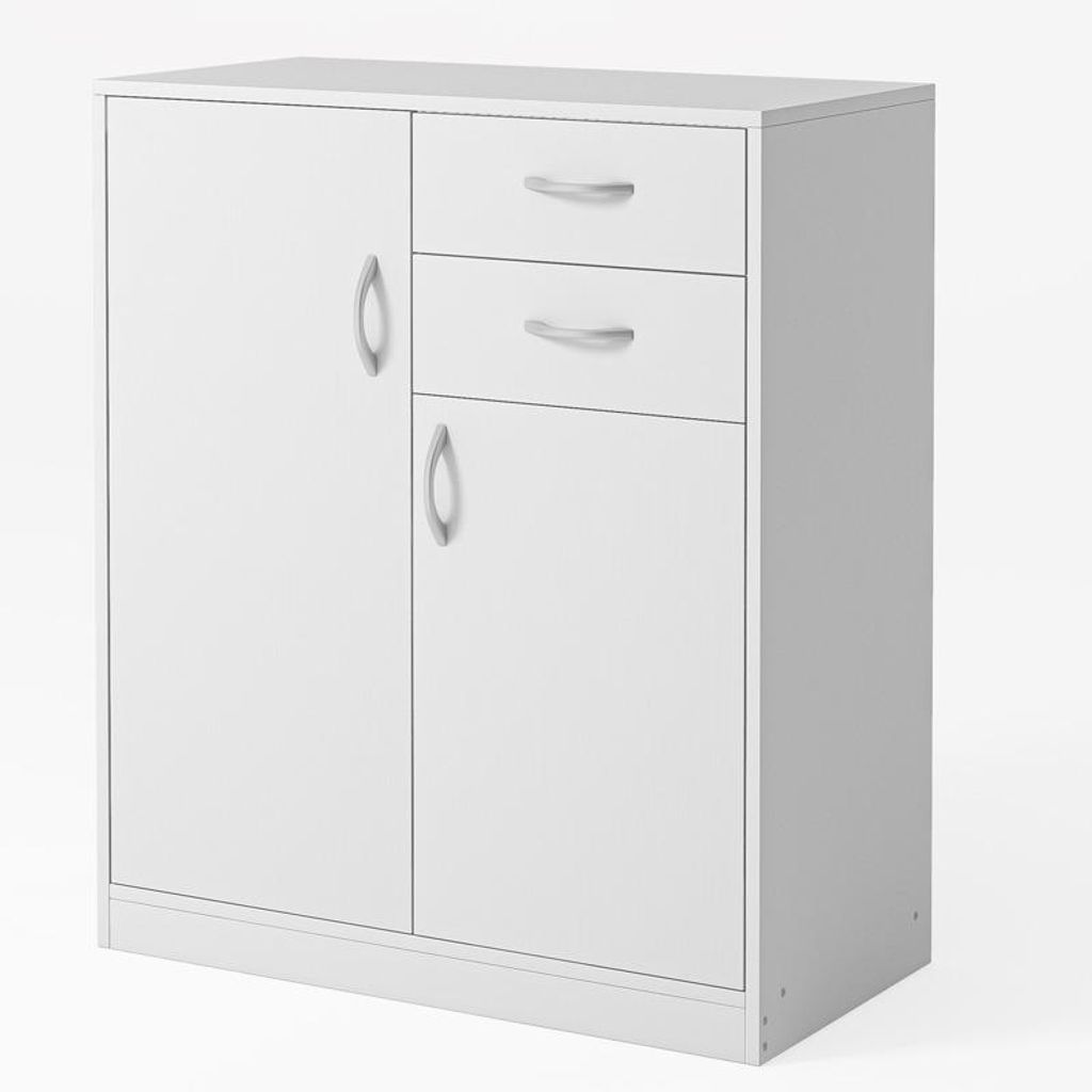 A white cabinet with two doors and two drawers, shown against a white background.