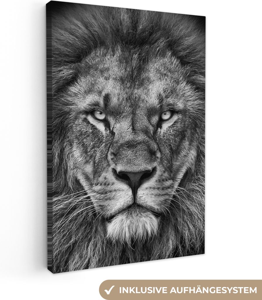 MuchoWow - Leinwandbilder - Tiere - Löwe - Schwarz - Weiß - Porträt, Wandbild, Wanddeko Bilder Wohnzimmer, 80x120 cm