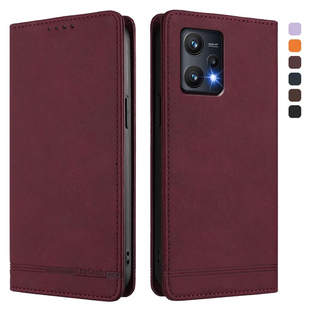 Hülle für Realme 9 Pro 5G, Retro Kunstleder Ständer Klapphülle mit Kartenfächer und Magnetische Rot