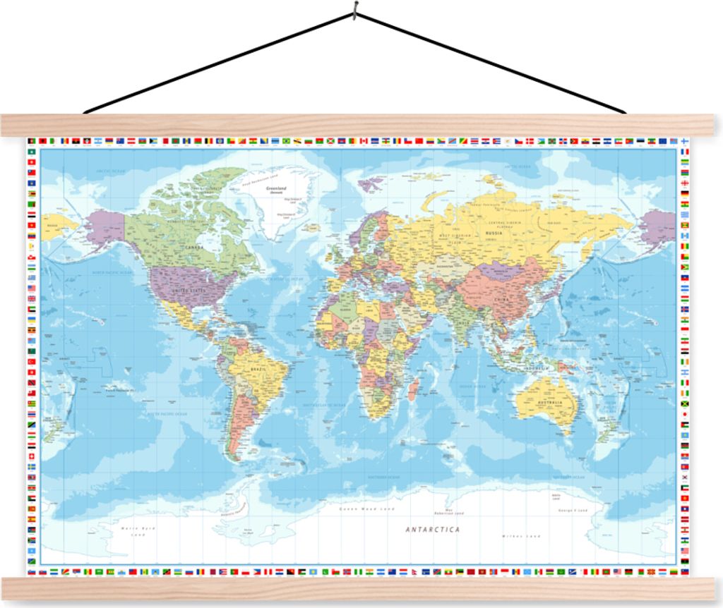 MuchoWow Textilposter Weltkarte - Flagge - Politik 120x80 cm mit holzfarbenen Rahmen - Aufhängeset