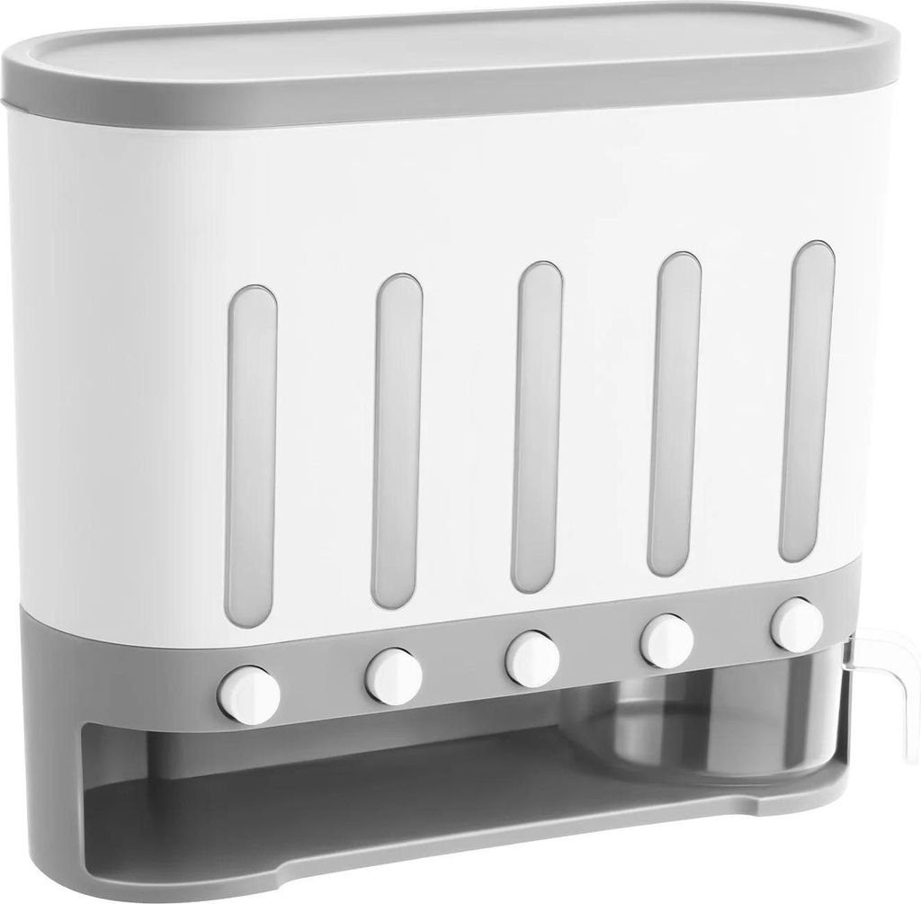 Trockenwarenspender - Wandmontierter Getreide- und Reisspender - Fünf Fächer - Gesamtvolumen ca. 9 kg - Größe 40×15×34 cm - Messbecher - Weiß