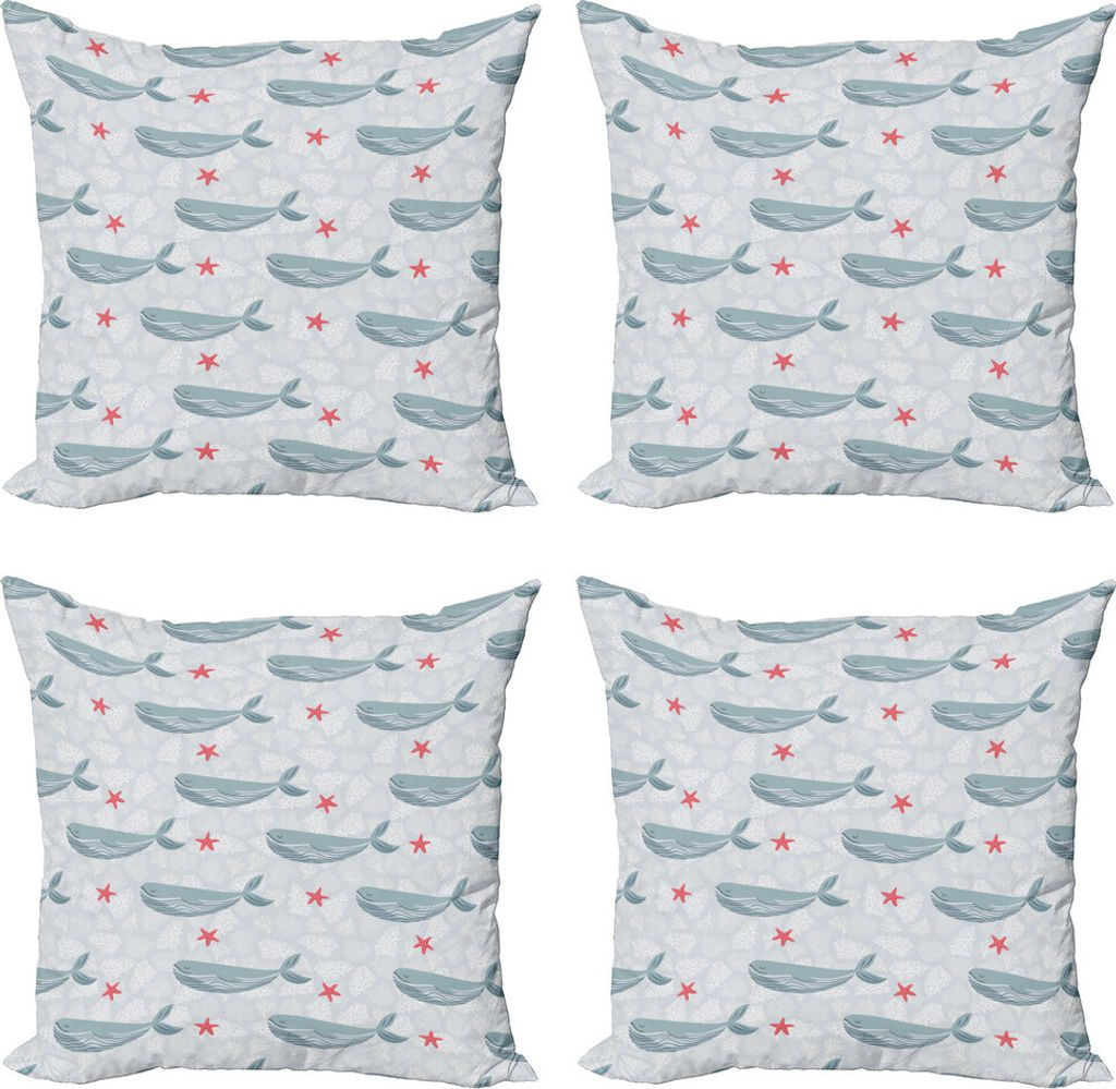 ABAKUHAUS Wale Kissenbezug Set (4 Stück), Säugetier und Seestern Korallen, Moderner Doppelseitiger Digitaldruck, 50 cm x 50 cm, Blau, Grau, Blau ...