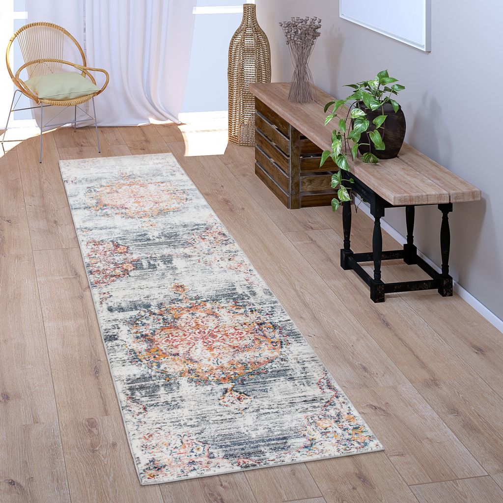 Teppich Läufer Flur Schlafzimmer Kurzflor Vintage Pastell Orientalisches Muster Grösse 60x100 cm