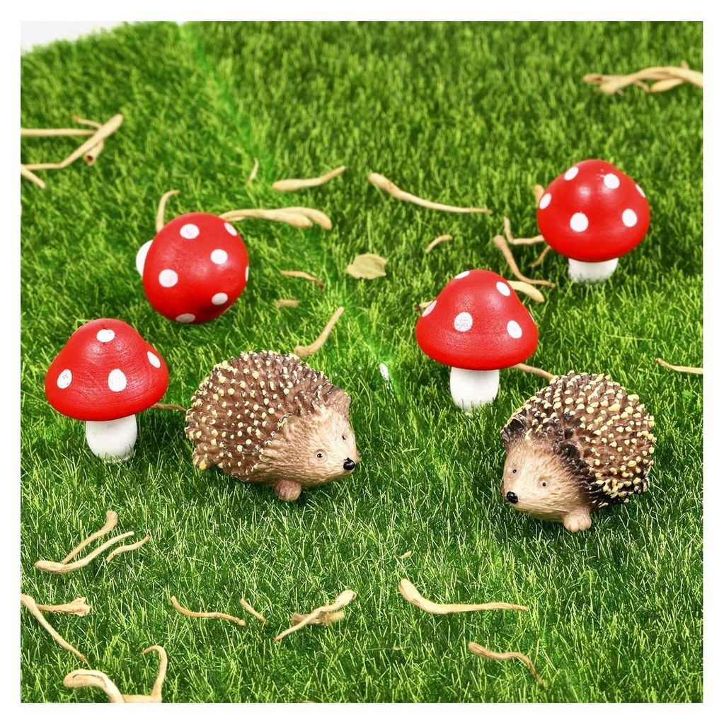 6 Stück Miniaturgartenfiguren für Feengärten im Freien aus Harz mit Igel und Pilzen