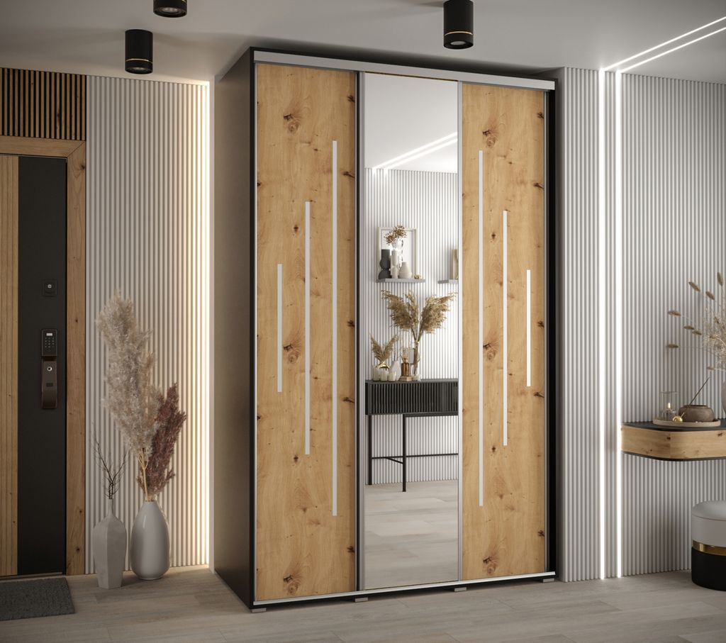 Kleiderschrank ASIRI 13 - 160/60 cm, Schwarz / Artisan-Eiche / Silber