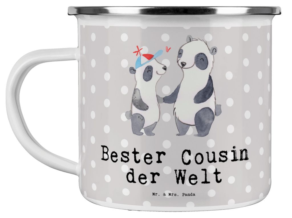 Mr. & Mrs. Panda Teetasse Panda Bester Cousin der Welt - Grau Pastell - Geschenk, Emaille Tasse, Geschenkidee, Kaffeepott, Familie, Verwandtschaft,...