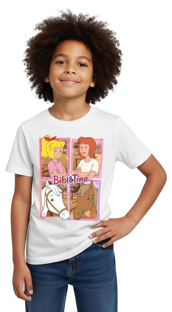 Spreadshirt Bibi Und Tina Mit Amadeus Und Sabrina Kachelmotiv Kinder T-Shirt, 98/104 (3-4 Jahre), Weiß