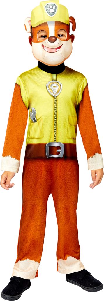 A child wearing a Rubble costume from Paw Patrol.