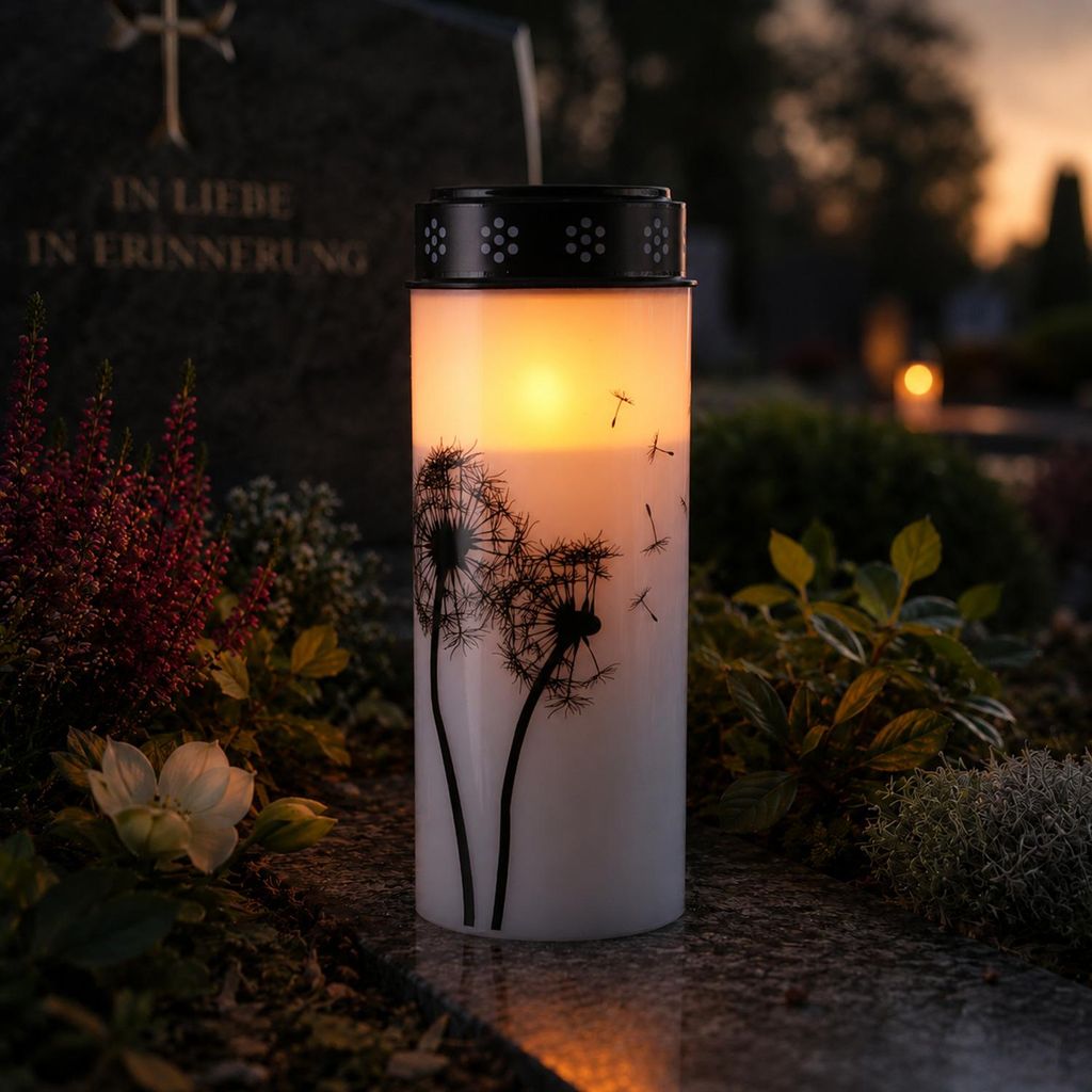 LED Grablicht-Grabkerze Pusteblume - bis 2500 Stunden - H- 21cm- D- 7cm - Timer - weiss-schwarz