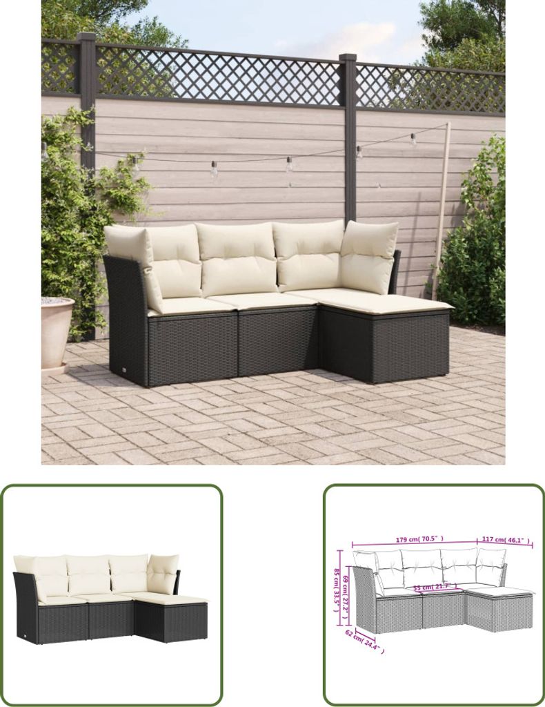 The Living Store 4-tlg. Garten-Sofagarnitur mit Kissen Schwarz Poly Rattan