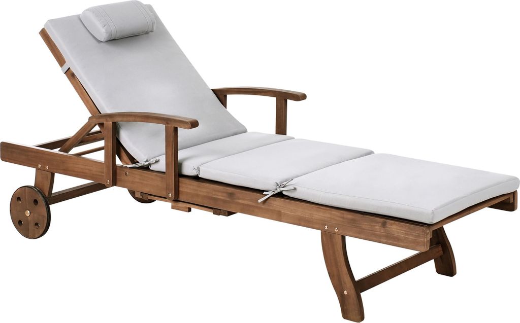 BELIANI Gartenliege Dunkelbraun u. Hellgrau Akazienholz Verstellbar Rollbar Sonnenliege mit Tisch und Auflage Terrasse Garten Balkon Modernes Design