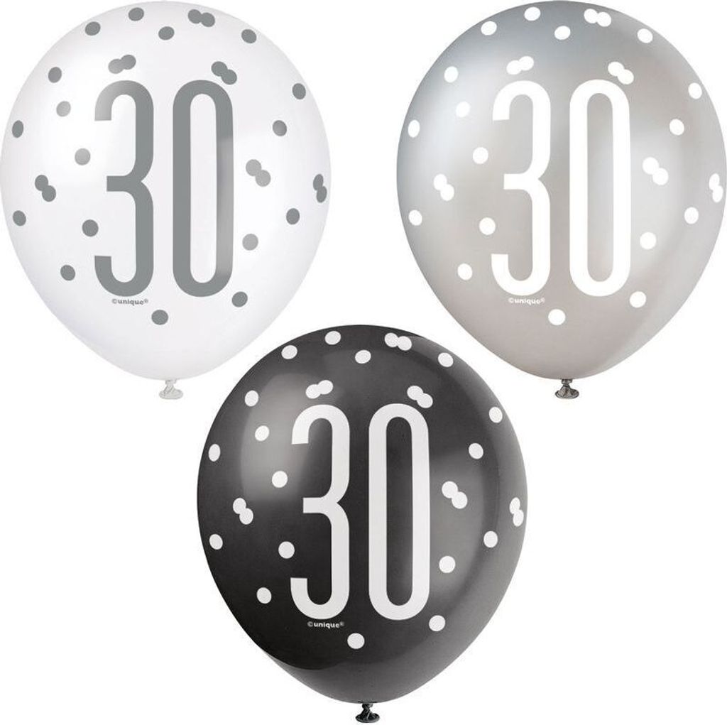 6 Luftballons schwarz & silber Zahl 30 Produktbild 